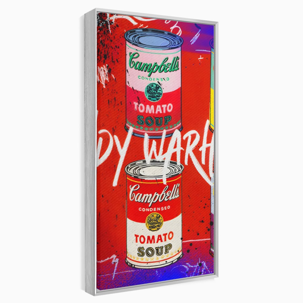 Tablou canvas cu tablou canvas cu cutii de supa, in rama de aluminiu argintiu